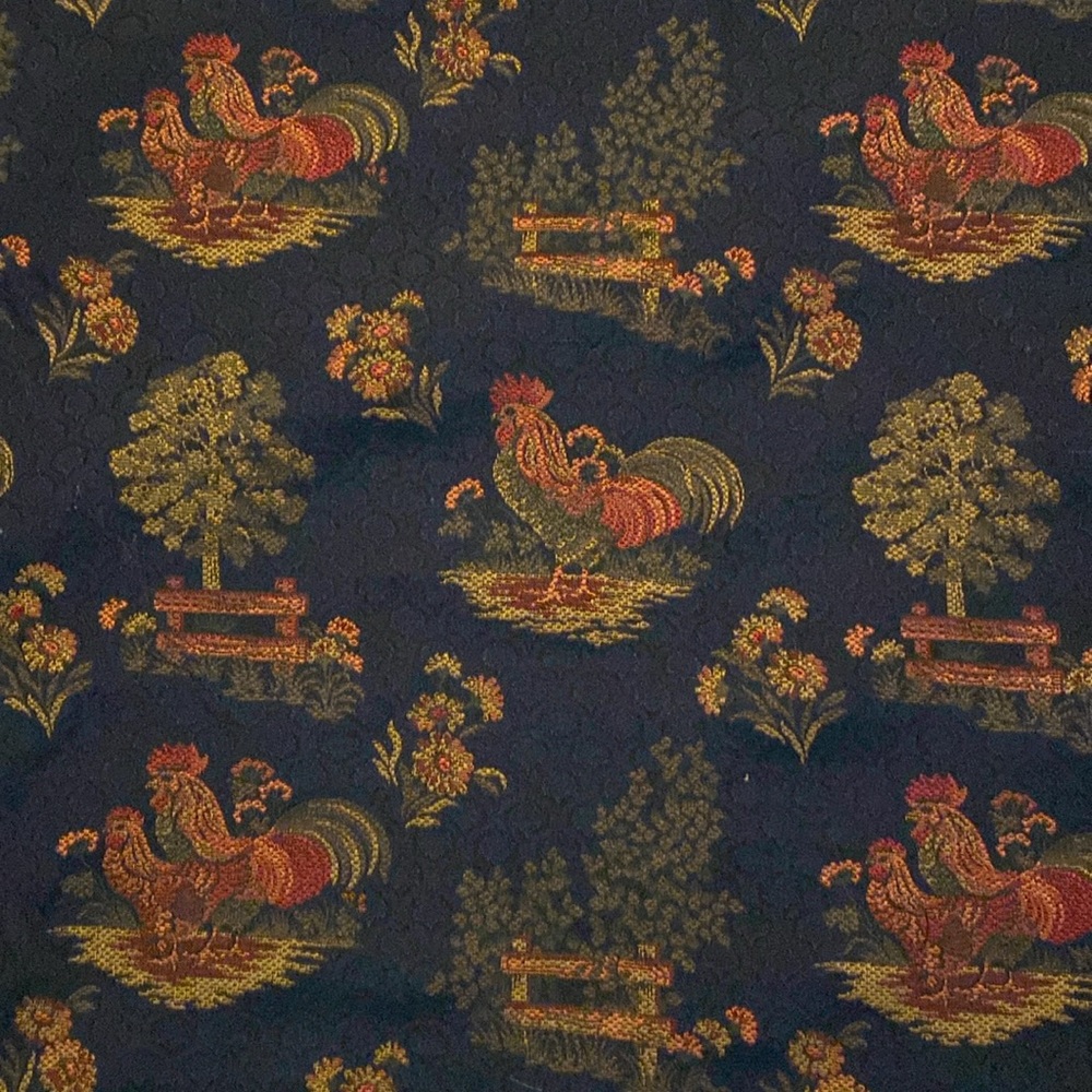 Upholstery Fabric Navy Blue Background Roosters and Flowers and Fences  2 Yards